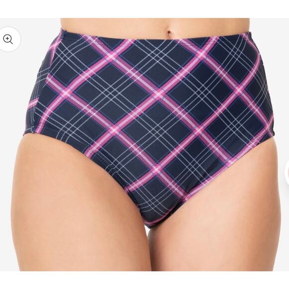 Unique Vintage Navy and Pink Plaid Daphne Bikini Bottom S NWOT - Picture 1 of 6